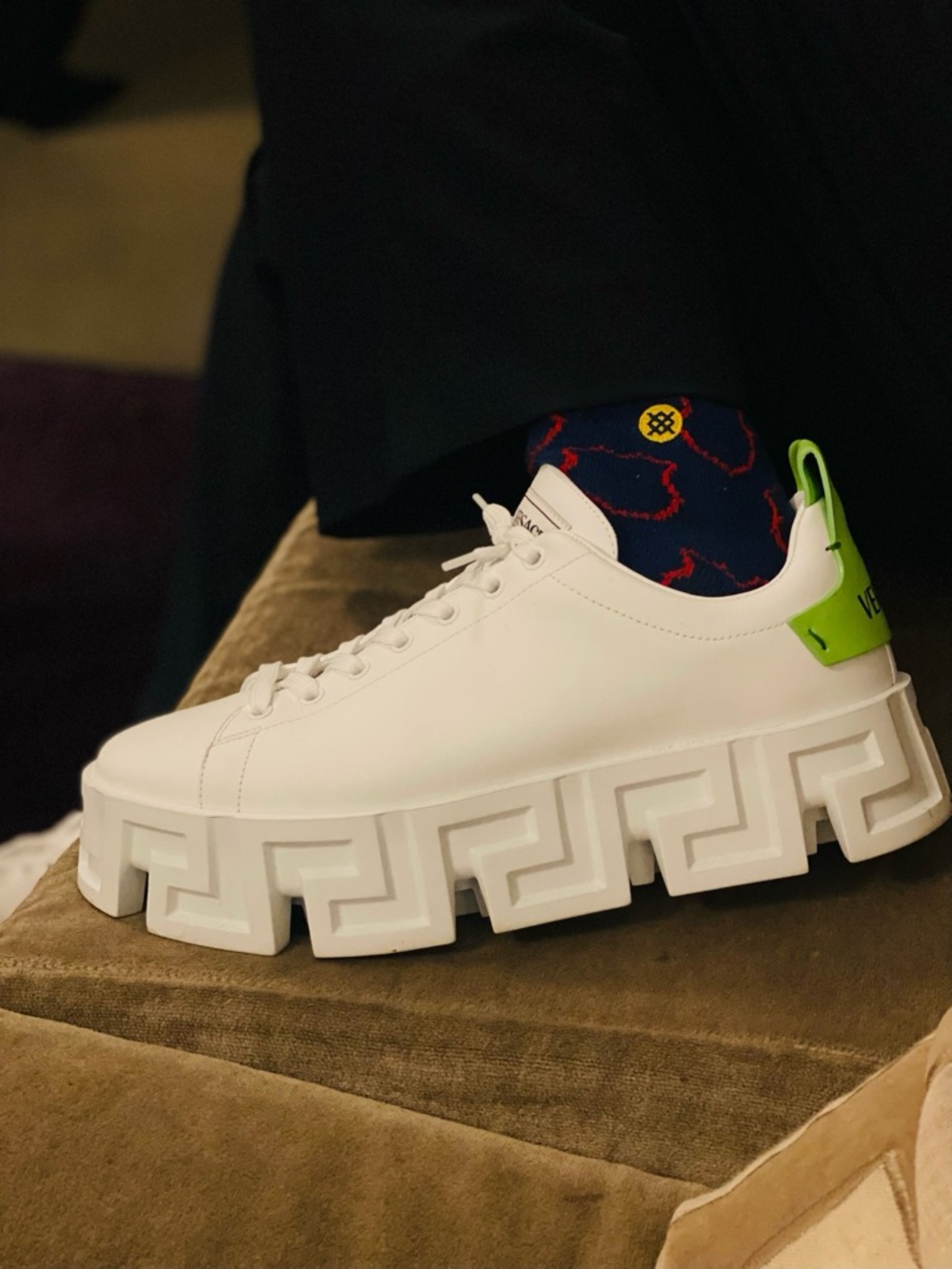 Versace Greca Labyrinth low-top sneakers in "White Light Green". Sz 44